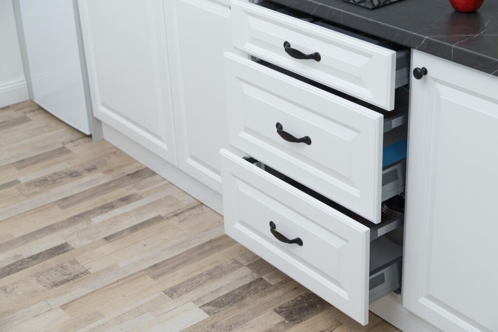 Kitchen furniture. White kitchen drawers