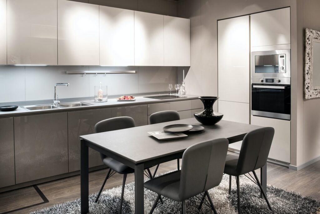 Monochrome grey and white kitchen interior