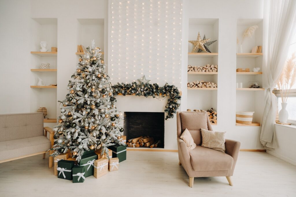 Christmas tree in the home Christmas interior.Decorated Christmas photo zone