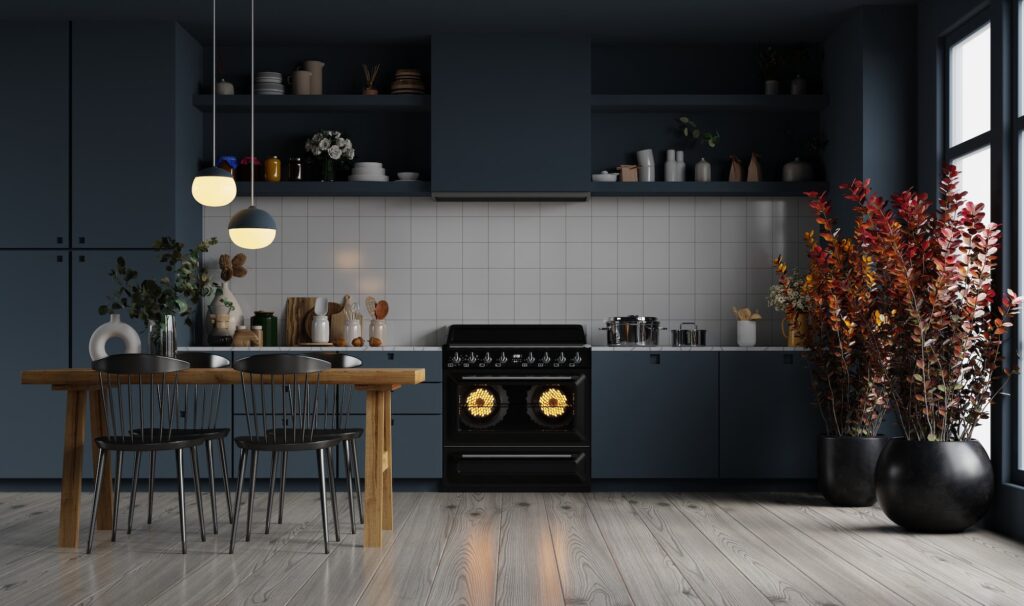 Style dark blue kitchen and minimalist interior design